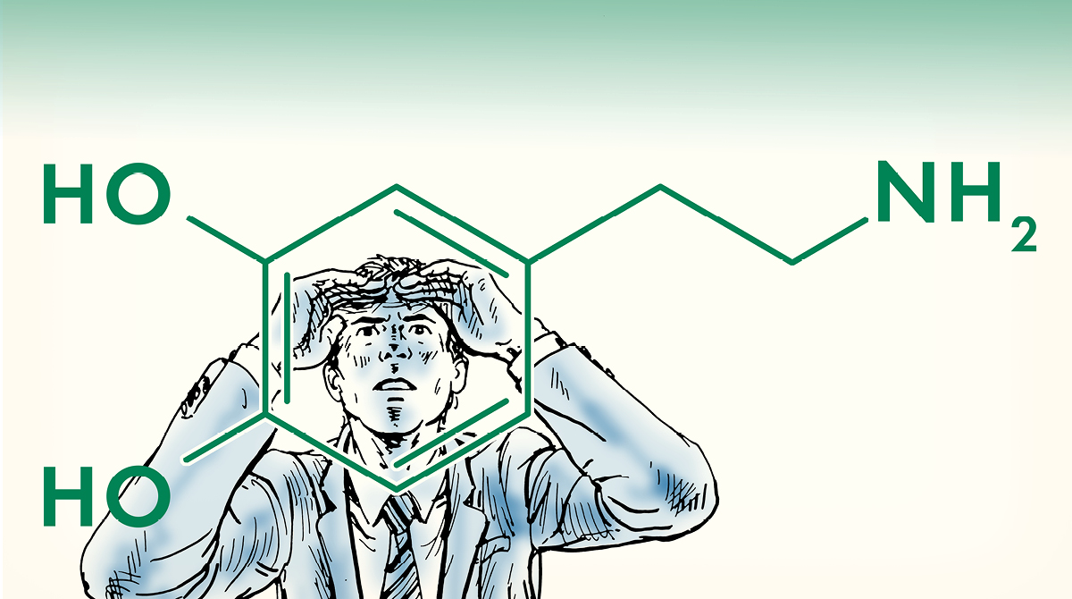 A businessman is holding his head up in front of a molecule of NH2, with Life explained.
