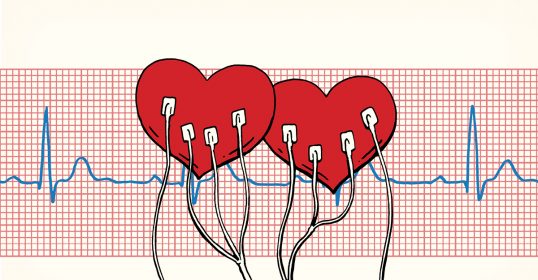 Two hearts on an ecg background, symbolizing a relationship.