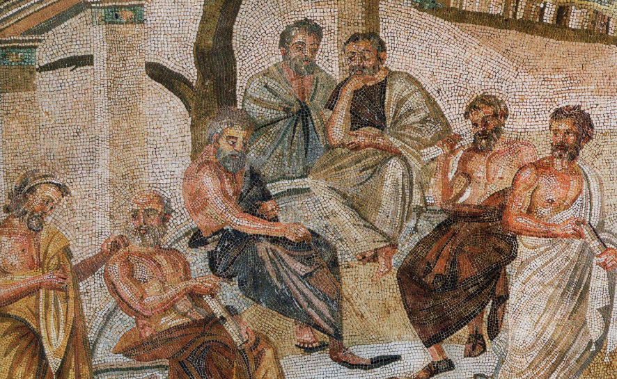 A mosaic depicting a group of men sitting on a bench, inspired by Plato's Republic.