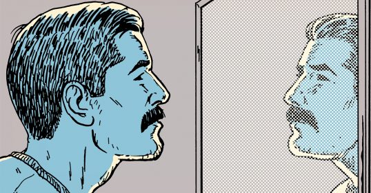A cartoon of a man looking at himself in a mirror as his mustache grows.