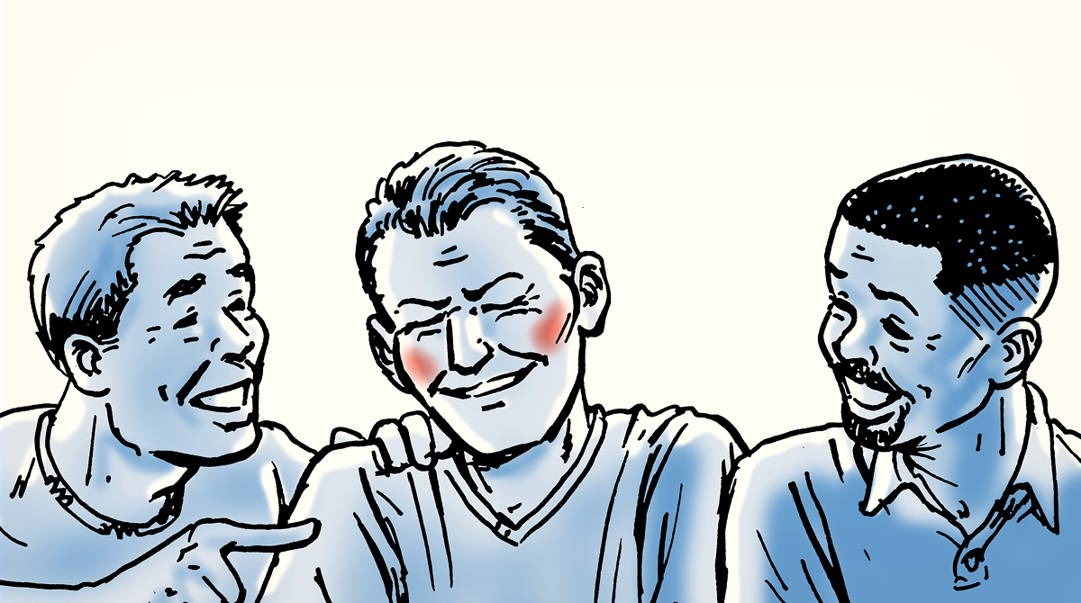 Three men engaging in conversation in this cartoon, reflecting the essence of society.