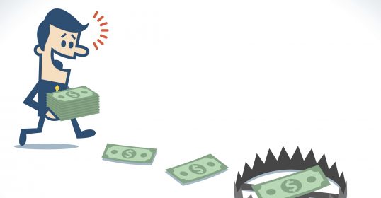 A businessman is running away from being scammed by a money trap.