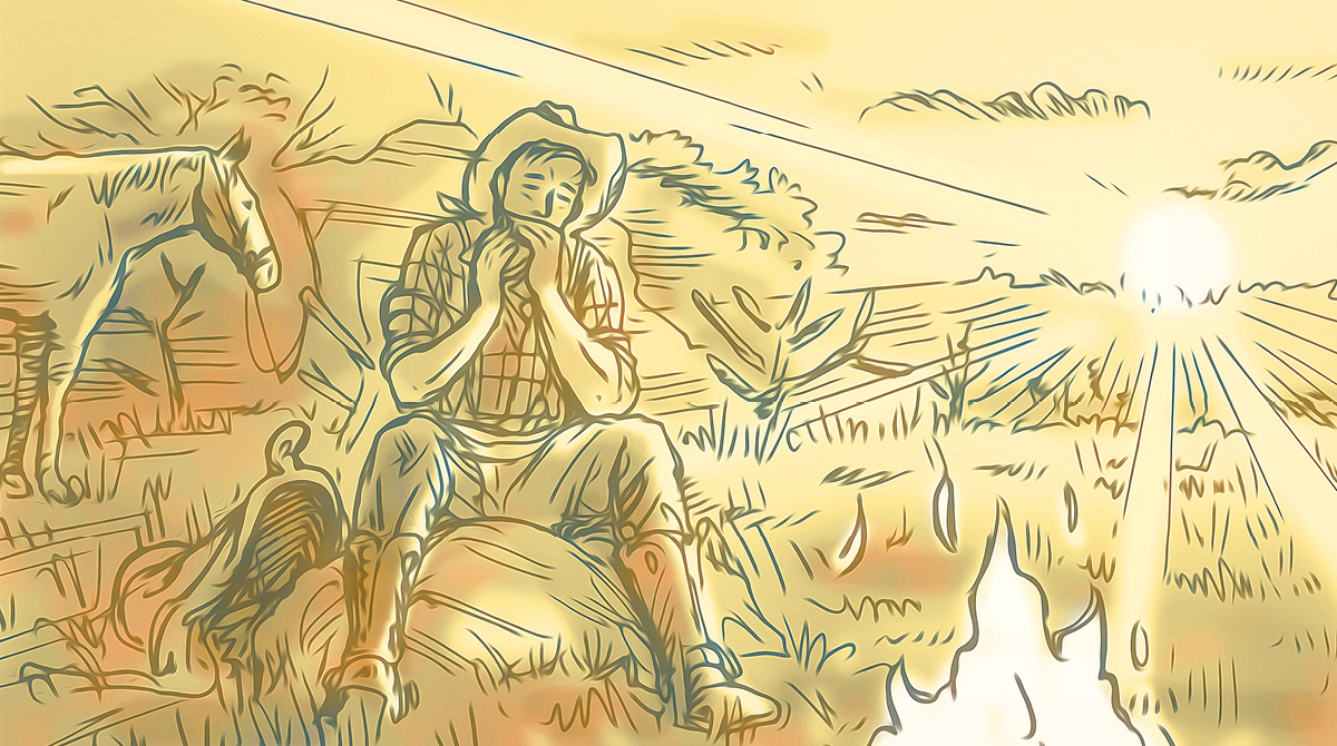 A drawing of a cowboy sitting by a fire, playing a harmonica.