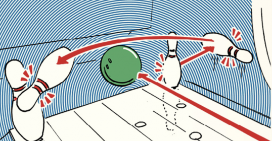 An illustration of a bowling ball hitting a pin, showcasing the skill involved in bowling.