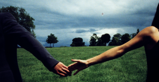 A man and a woman holding hands in a field, trying to avoid falling in love with the wrong person.