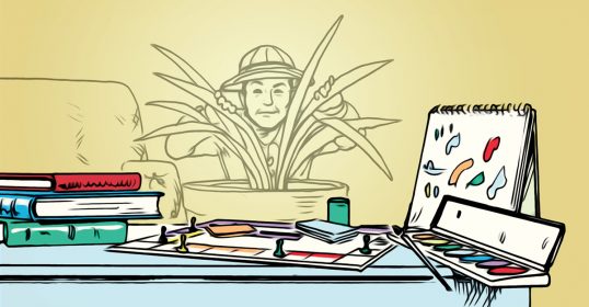 A cartoon illustration of a desk with books and a plant, perfect for those staying at home.