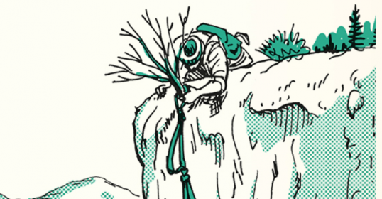 An illustration of a man climbing a cliff using tubular webbing.