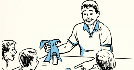A man showing Cool Uncle Tricks to a group of children in a cartoon.