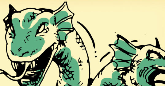 A drawing of two green dragons with their mouths open, showing their resilience.