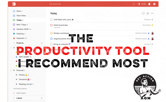 Promotional graphic for a productivity tool featuring a to-do list interface with an overlay text "the productivity tool recommended most for getting things done".