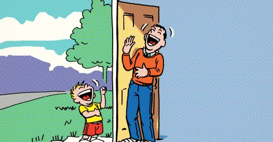 A man and a boy standing next to a door, ready for some knock-knock jokes.