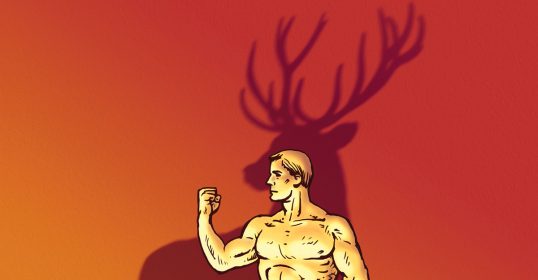 A cartoon illustration of a man with antlers.