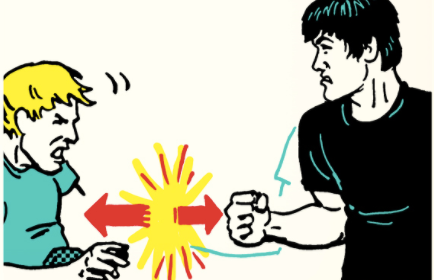 A cartoon illustration of a man delivering a powerful punch to another man.