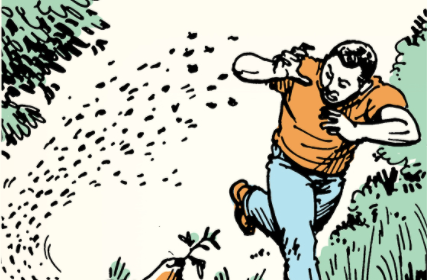A cartoon man kicking a dirt pile in an attempt to escape.
