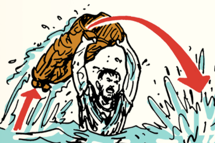 An illustration of a man in the water wearing pants.