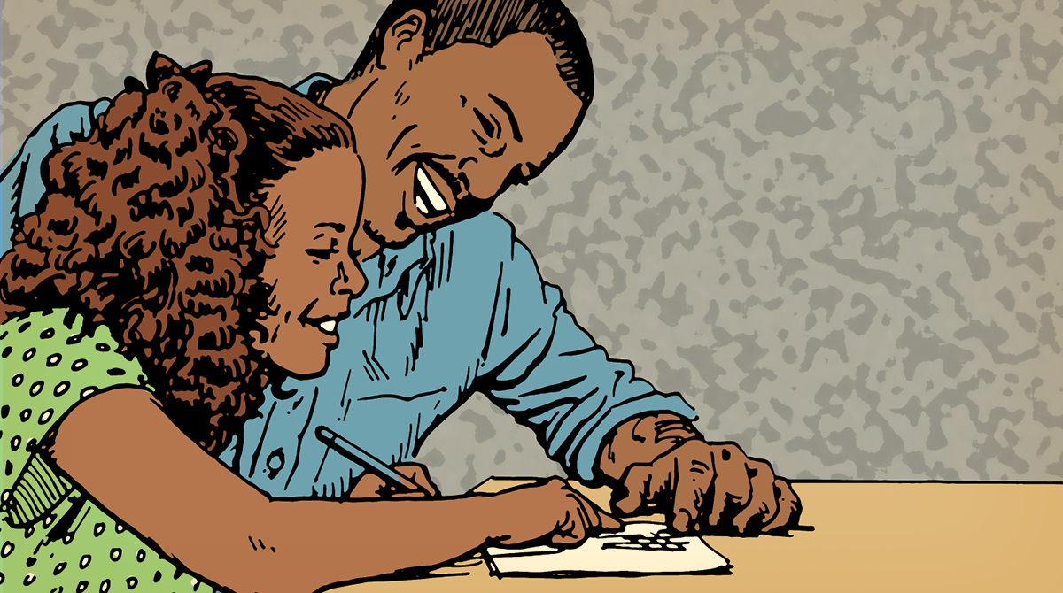 An illustration of a man and woman writing on a piece of paper with a pencil.