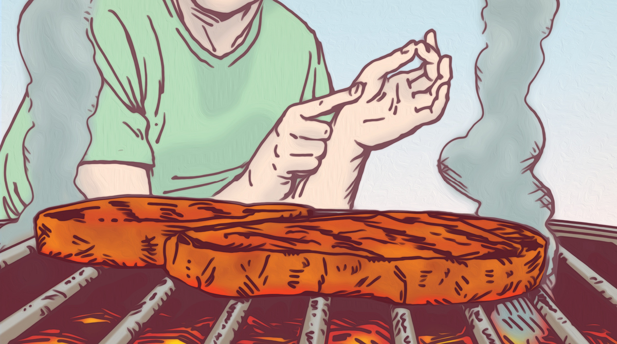 An illustration of a man grilling a steak to the perfect doneness.