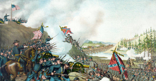 A painting of a man in a Civil War battle.