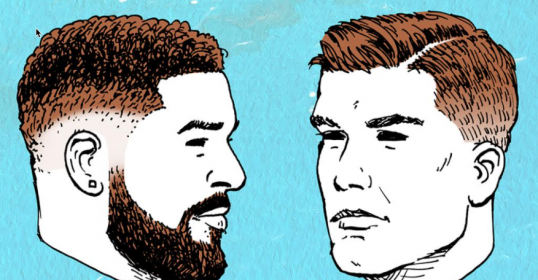 Two men with beards facing each other, showcasing trendy men's hairstyles.