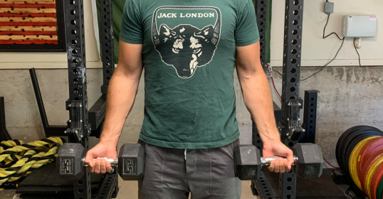 A man at the gym, performing bicep curls with dumbbells.