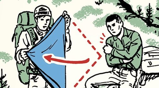 An illustration of a man with a backpack, making a blue kite.
