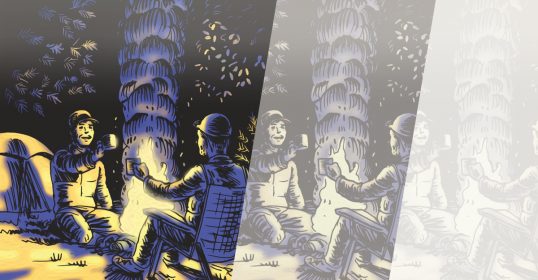 A drawing of a group of people sitting around a campfire, showcasing the bonds of friendships.