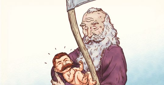 A man holding a baby with a scythe, showcasing the art of manliness.