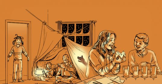 A drawing of a group of people sitting around a table playing games.
