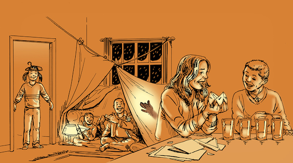 A drawing of a group of people sitting around a table playing games.
