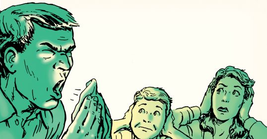 A cartoon illustration of a dad yelling at a group of people.