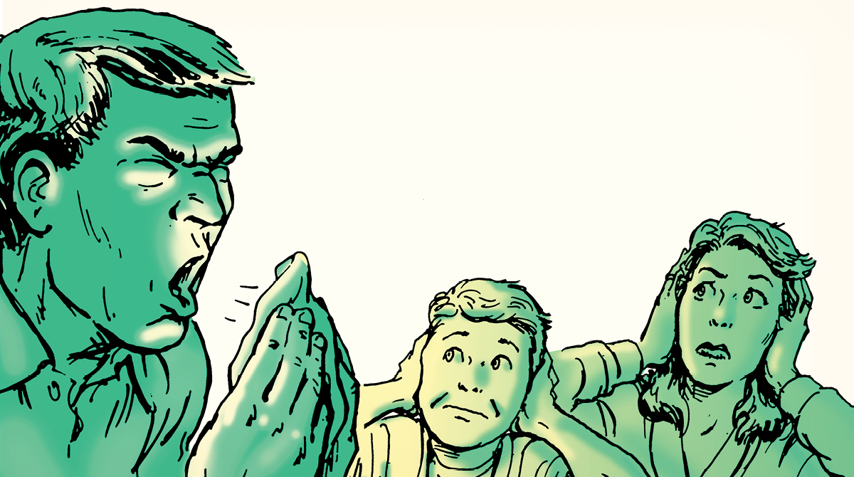 A cartoon illustration of a dad yelling at a group of people.