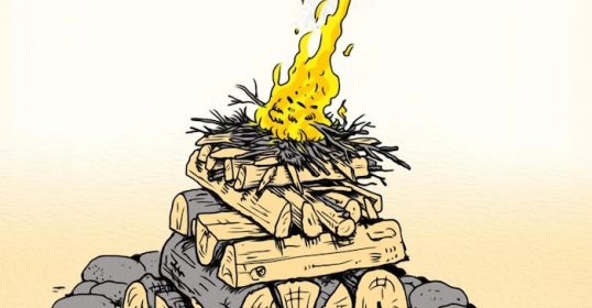 Create a fire sketch on a stack of logs.