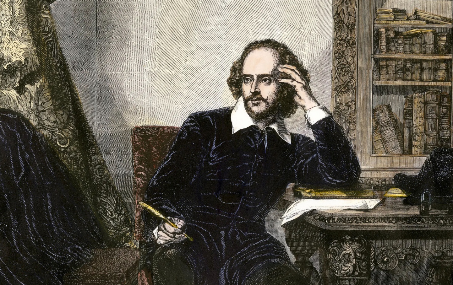 An engraving of Shakespeare at a desk, embodying the spirit of a Renaissance man.