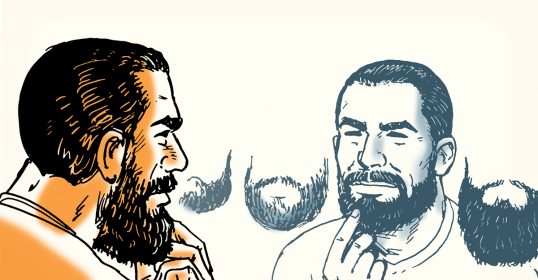 An illustration of a bearded man conversing with another man.