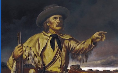 A painting of a cowboy holding a gun, inspired by Kit Carson's exploits in the wild west.