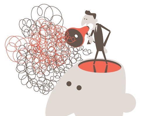 A businessman with a megaphone for a head, using his powerful voice to handle all communication.