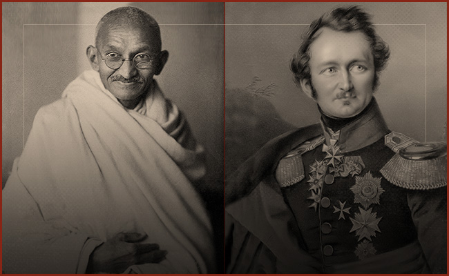 Two black and white photos of Gandhi and Napoleon.