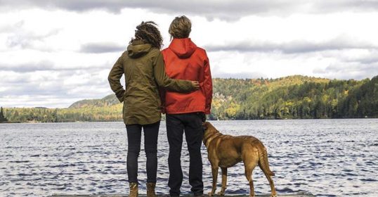 Two people standing on a dock, gazing at a serene lake with their faithful dog by their side.