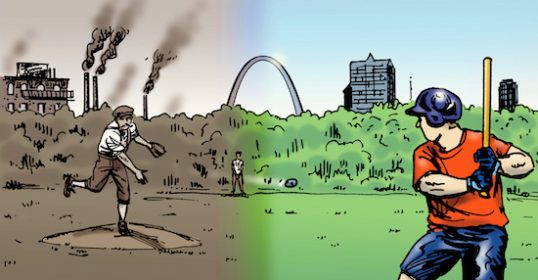 A cartoon of a baseball player hitting a ball in a field, featuring a St. Louis Tradition.