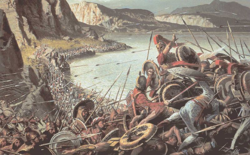 A painting of a battle between the Spartans and the Egyptians.