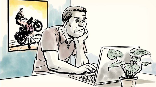 An illustration of a man from the interesting generation working on a laptop.