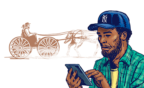 An illustration of a man using a cell phone next to a horse drawn carriage.