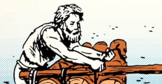 An illustration of a man building a log raft.