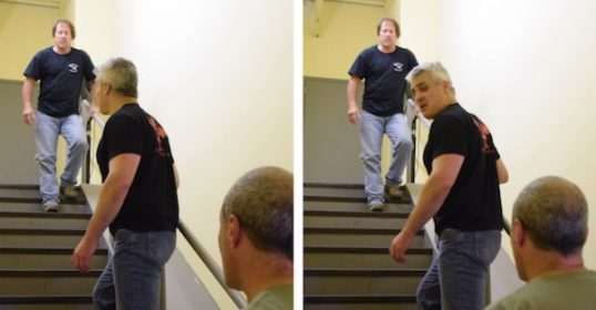 Two images of a man descending a stairway.