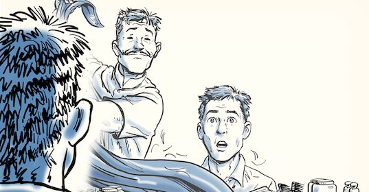 A cartoon of a man with a mustache and a bad haircut.