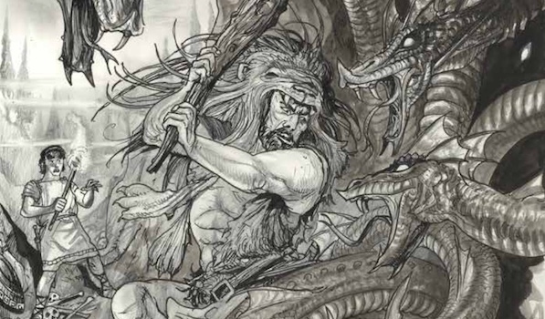 A black and white drawing of a man and a dragon exudes masculinity.