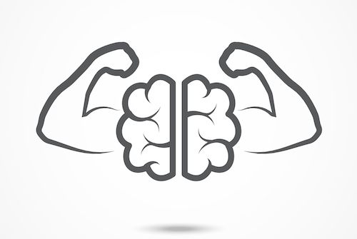 A black and white illustration of a human brain and biceps, showcasing cognitive dominance.