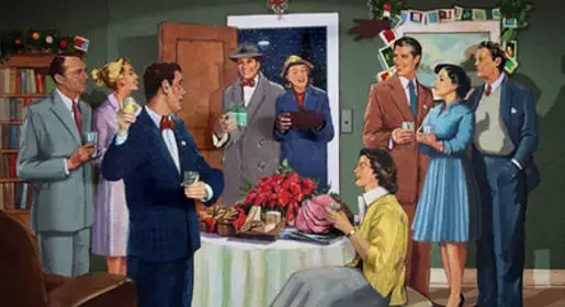 A painting of people at a late christmas party.