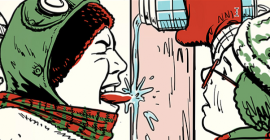 A cartoon of two people talking to each other, one person's tongue is stuck on a flagpole.