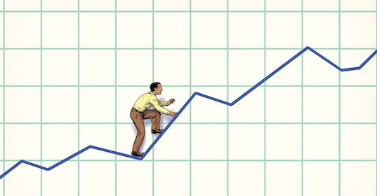 An illustration of a man making progress up a linear graph.